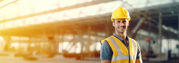 Confianza hermosa hombre trabajador de la construcción en uniforme y casco de seguridad sonriendo Día del Trabajo