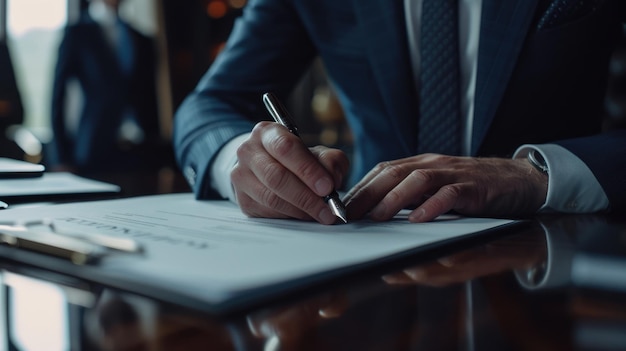 Con confianza, un hombre de negocios vestido formalmente escribe cuidadosamente su firma en un contrato