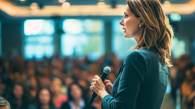 Foto confident businesswoman giving a speech at a conference