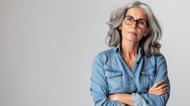 Foto confident mature woman with grey hair posing casually in a denim shirt a professional look with a touch of casual style studio shot ai