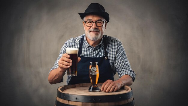 Foto confidente cervecero de edad avanzada con cerveza artesanal en vaso en barril de madera en gris