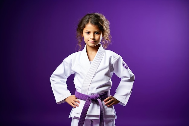 Confidente, de 11 anos, com roupa roxa de Jiu Jitsu.