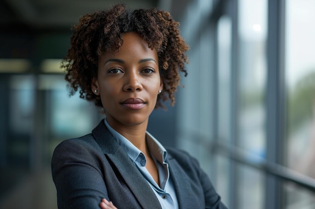 Confidente directora ejecutiva afroamericana en traje en el trabajo