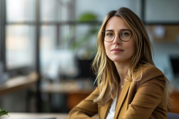 Foto confidente e profissional mulher de negócios de 30 anos sentada em sua mesa em um ambiente de escritório elegante