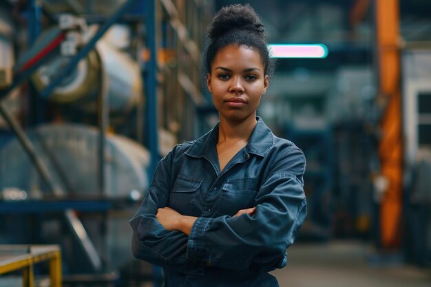 Foto confidente trabalhadora de raça mista em retrato de oficina de fábrica