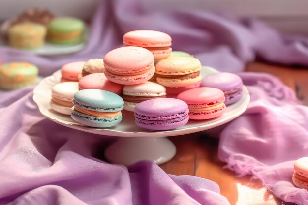 Foto configura las galletas francesas macarrones colores pastel macarrones postre dulces pasteles sabrosos ia generativa