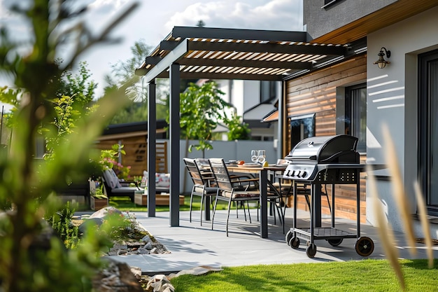 Foto configuração ao ar livre elegante com toldo de pérgola mesa de jantar grelha de metal e móveis de pátio modernos conceito de jantar ao ar livre pérgola toldo de metal grelha móvel de pátio moderna configuração elegante