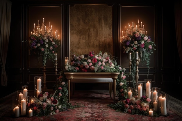 Configuração da cerimônia com buquê floral romântico e velas criadas com ai generativa