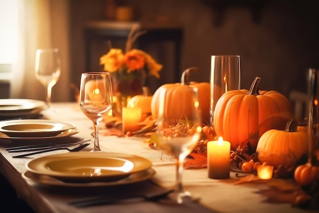 Foto configuração da mesa do jantar de ação de graças com decorações de outono ia gerativa