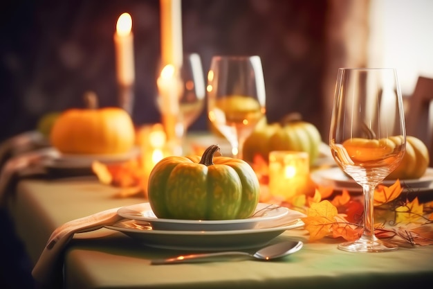 Foto configuração da mesa do jantar de ação de graças com decorações de outono ia gerativa