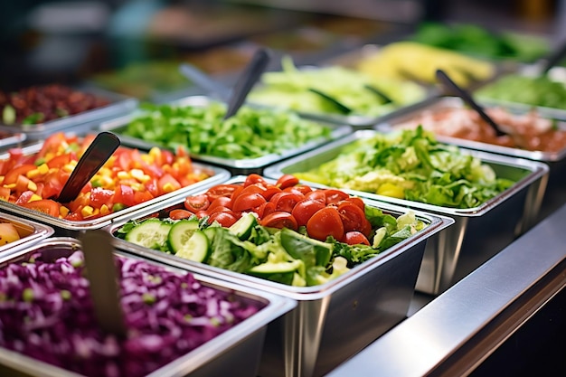 Configuração de barra de salada com uma variedade de folhas verdes e opções de proteínas