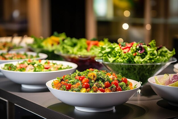 Configuração de barra de salada em um churrasco de verão com opções grelhadas