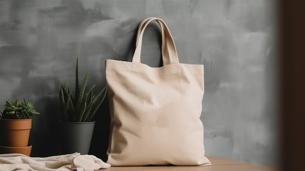 Configuração de bolsa de tecido de lona bege realista de IA generativa em uma simulação de comprador de interiores em casa em branco