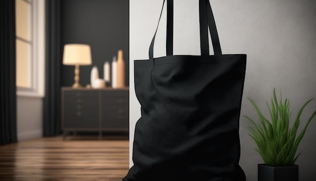 Configuração de bolsa de tecido de lona preta generativa AI realista em uma caneca interior em casa simulada em branco