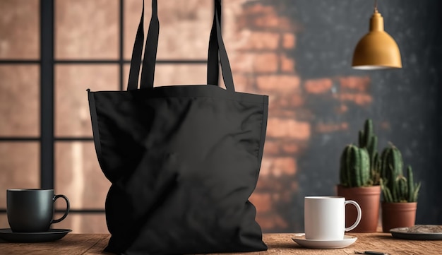 Configuração de bolsa de tecido de lona preta generativa AI realista em uma caneca interior em casa simulada em brancox9