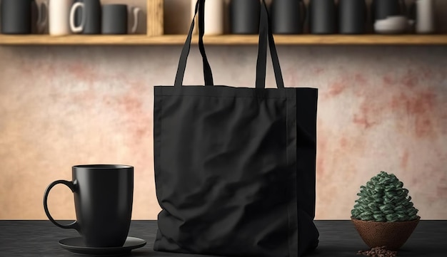 Configuração de bolsa de tecido de lona preta generativa AI realista em uma caneca interior em casa simulada em brancox9