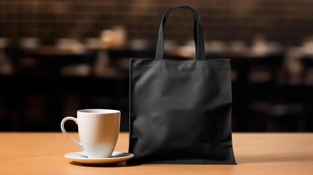 Configuração de bolsa de tecido de lona preta realista de IA generativa no interior de uma cafeteria de café mock up blankx9