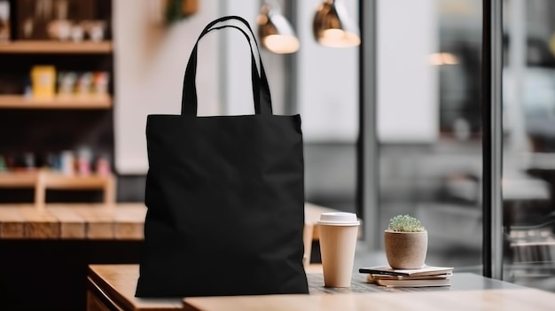 Configuração de bolsa de tecido de lona preta realista de IA generativa no interior de uma cafeteria