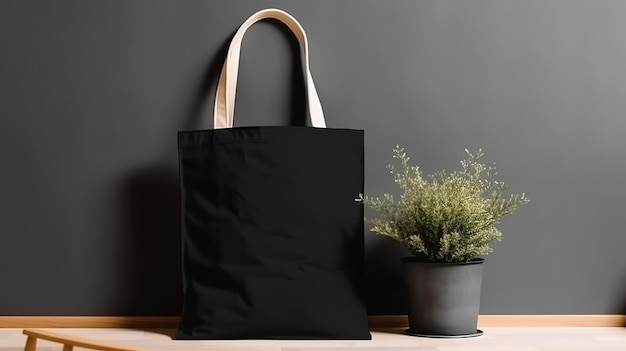 Configuração de bolsa de tecido de lona preta realista generativa AI em um interior minimalista em casa