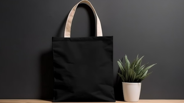 Configuração de bolsa de tecido de lona preta realista generativa AI em um interior minimalista em casa