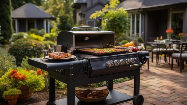 Foto configuração de churrasco no quintal em uma casa suburbana móveis de pátio de churrasqueira e um gramado exuberante capturando o l