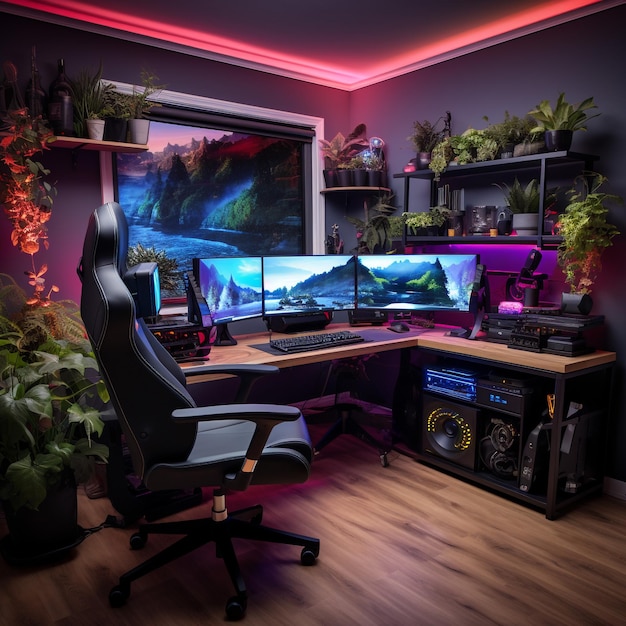 Configuração de computador para jogos, iluminação rgb e monitor curvo, cadeira para jogos, sala de iluminação rgb