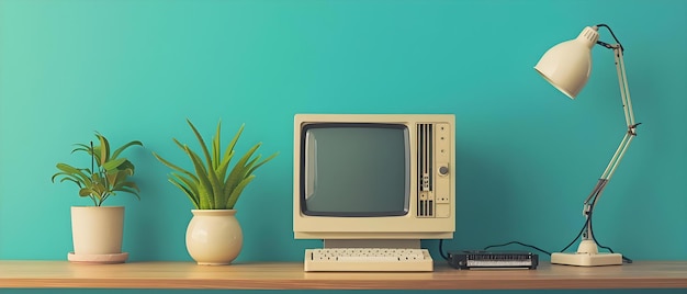 Configuração de computador retrô dos anos 80 com tecnologia e acessórios vintage Conceito nostalgia tecnológica dos anos 80 Configuração de computador retro Accessórios vintage Gadgets throwback Computação clássica