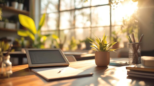 Configuração de escritório em casa com um tablet digital e planta de casa