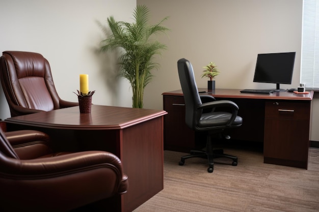 Configuração de escritório executivo com cadeira de couro e mesa de madeira