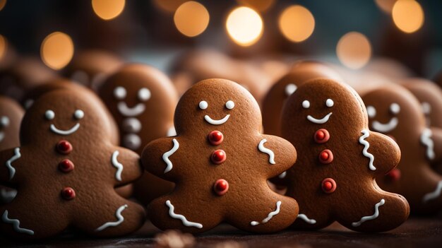 Configuração de fotografia de padaria de férias festivas Close-up detalhado de uma multidão de homens de pão de gengibre coo