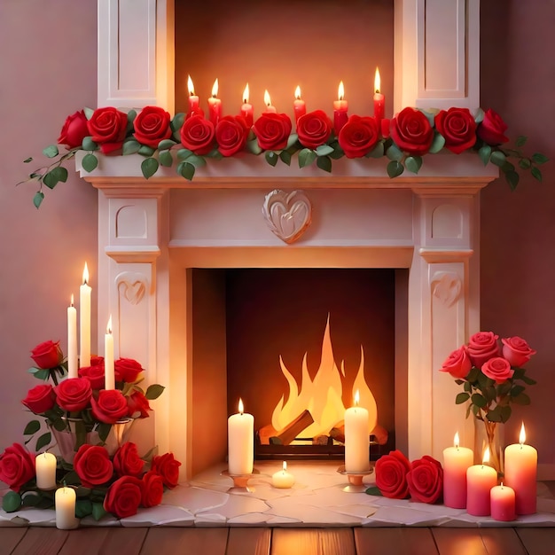 Configuração de lareira com velas e rosas Celebração romântica do Dia dos Namorados IA gera imagem