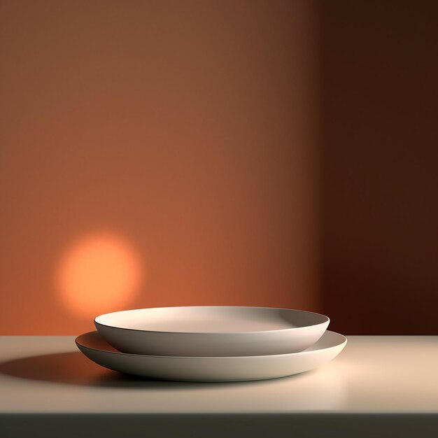 Configuração de louça de cerâmica em uma mesa de jantar minimalista com fotos de produtos de prato
