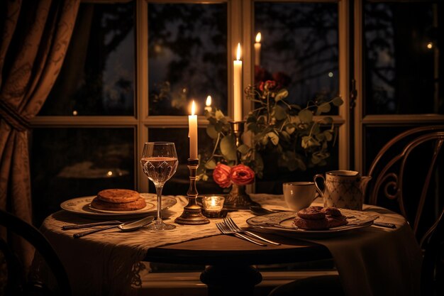 Foto configuração de mesa à luz de velas para dois com velas e flores por generative ai