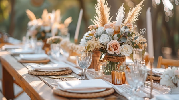 Configuração de mesa boho de casamento