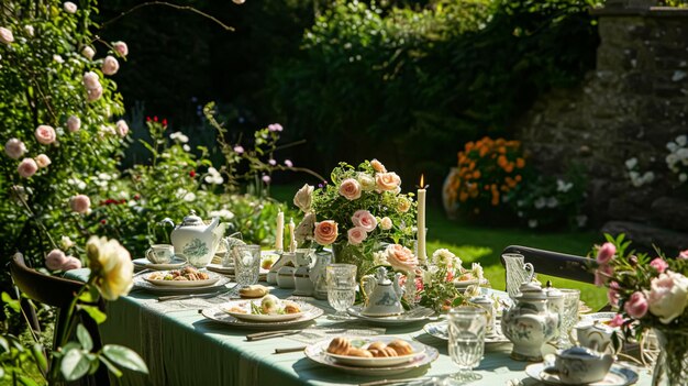 Configuração de mesa com flores de rosa e velas para uma festa de evento ou recepção de casamento no verão