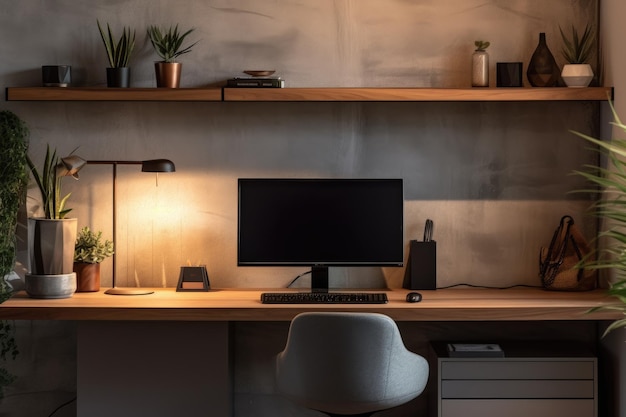 Configuração de mesa com monitor, teclado e lâmpada para produtividade O interior moderno do escritório em casa possui um computador, suprimentos e decorações que fornecem uma configuração de maquete gerada pela IA