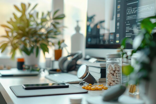 Configuração de mesa contemporânea mostra um kit de ferramentas de biohackers com relógios inteligentes e suplementos nutricionais em meio à vida vegetal vibrante