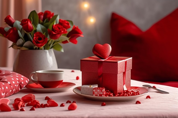 configuração de mesa de dia dos namorados com rosas vermelhas e uma caixa de presente generativa ai