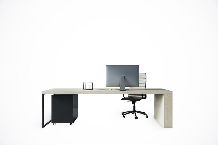 Foto configuração de mesa de escritório moderna com um computador e cadeira em um fundo branco design e organização limpos minimalistas renderização 3d