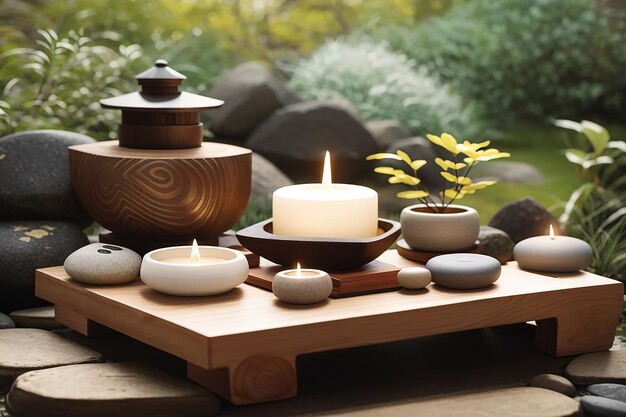 Configuração de mesa de estilo asiático com utensílios de mesa de cerâmica de artesanato vazios tigelas e copos ásperos castanhos em toalha de mesa de linho decorados com ramo de flor de primavera ikebana Mesa perto da janela