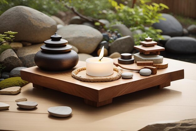 Foto configuração de mesa de estilo asiático com utensílios de mesa de cerâmica de artesanato vazios tigelas e copos ásperos castanhos em toalha de mesa de linho decorados com ramo de flor de primavera ikebana mesa perto da janela