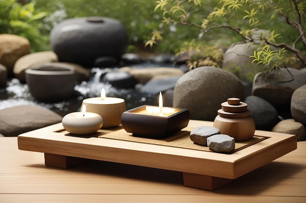 Foto configuração de mesa de estilo asiático com utensílios de mesa de cerâmica de artesanato vazios tigelas e copos ásperos castanhos em toalha de mesa de linho decorados com ramo de flor de primavera ikebana mesa perto da janela