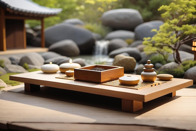 Foto configuração de mesa de estilo asiático com utensílios de mesa de cerâmica de artesanato vazios tigelas e copos ásperos castanhos em toalha de mesa de linho decorados com ramo de flor de primavera ikebana mesa perto da janela