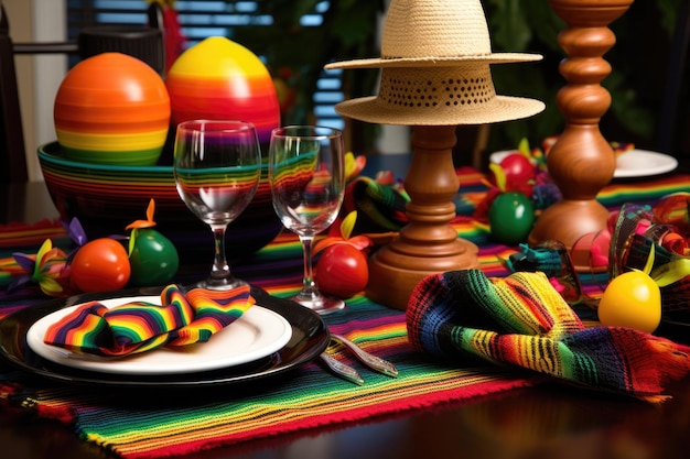 Configuração de mesa de festa Cinco de Mayo com maracas sombrero e decorações festivas