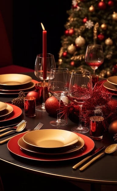 Configuração de mesa de natal com louça de natal dourada e vermelha