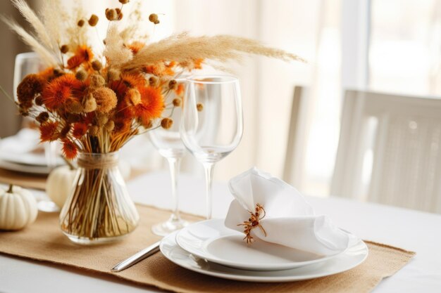 Configuração de mesa de outono festiva para o Dia de Ação de Graças com decorações feitas de plantas naturais