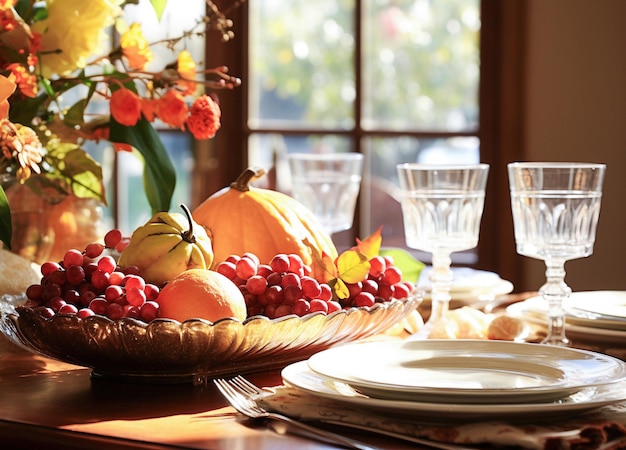 Configuração de mesa de outono para celebração do dia de Ação de Graças Configuração de mesa de Ação de Graças