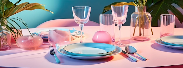 Foto configuração de mesa em paleta de cores pastel de néon