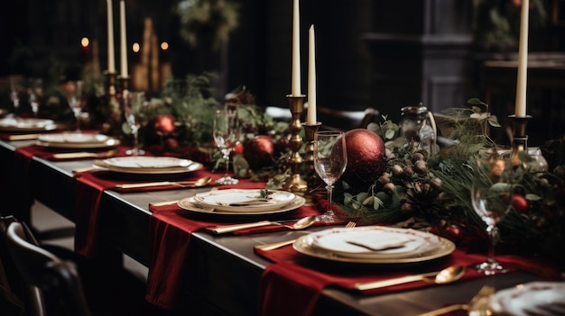 Configuração de mesa festiva com pratos, velas e buquê floral Configuração da mesa para banquete em restaurante de luxo