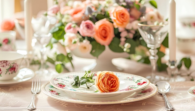 Configuração de mesa festiva com rosas de cores brilhantes e louça vintage em um fundo bege